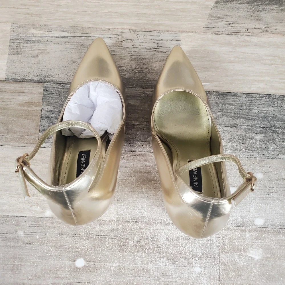 Nine West Plana 3 Womens Pumps Sz 6.5 M Metallic Gold Pointed Toe Ankle Strap